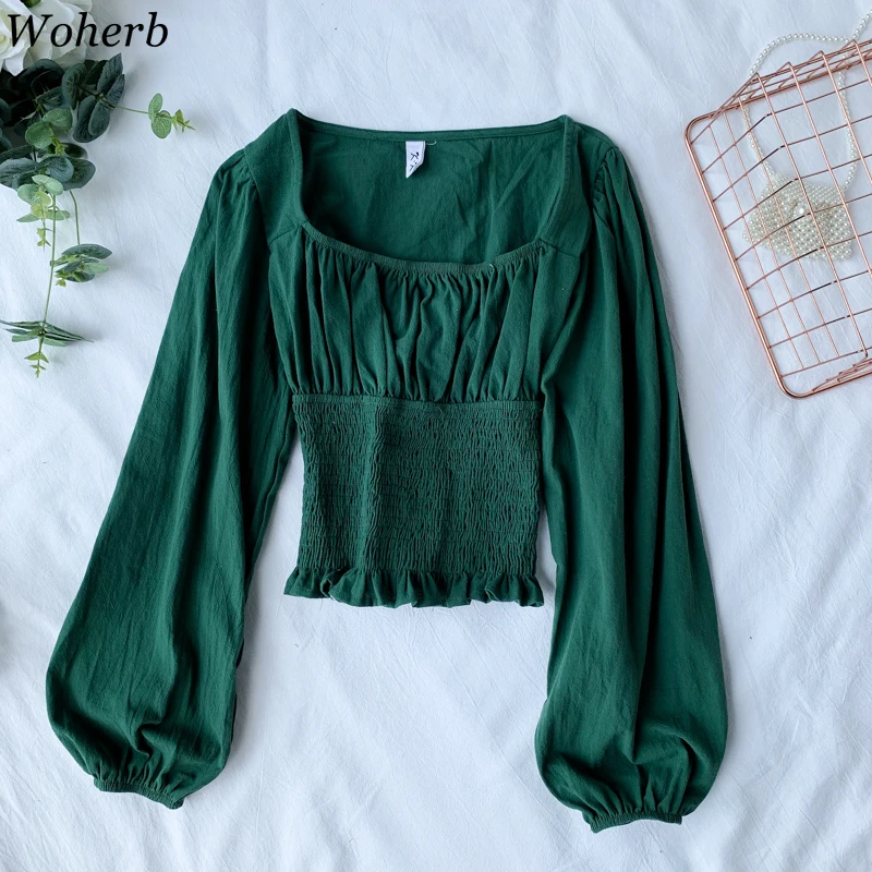 

Woherb 2019 New Modis Long Sleeve Crop Blouse Women Vintage Lantern Sleeve Pleated Ruffle Blusas Girls Sexy Casual Shirt 22738