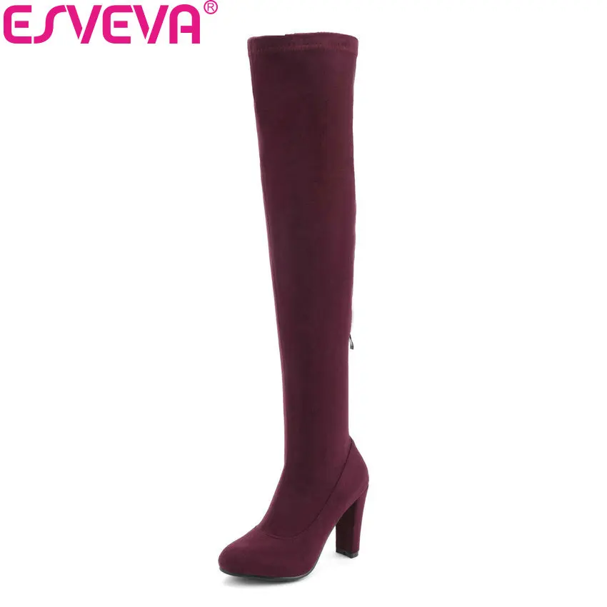 

ESVEVA 2019 Women Over The Knee Boots Solid Round Toe Elegant Square High Heels Autumn Boots Zip Ladies Shoes Boots Size 34-43