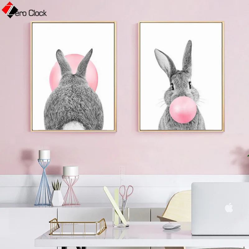 Bunny Rabbit Print Pink Bubble Gum Poster Minimalist Canvas Painting Baby Animals Wall Art Nursery Kids Room Decoration Pictures Bunny Rabbit Print Pink Bubble Gum Poster Minimalist Canvas Painting Baby Animals Wall Art Nursery Kids Room Decoration Pictures