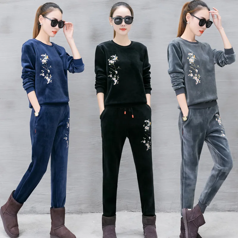 

Tracksuit for Women Gold Velour Embroidered Winter Sports suit Sweatshirt+pants Sweat Suit running jogger outfit casual set