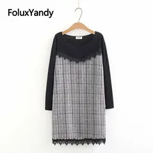 Plaid Spring Dress Women Plus Size XXXL 5XL Casual Lace Knitting Long Sleeve Dress Vestidos KKFY3077 lace contrast bell sleeve plaid dress