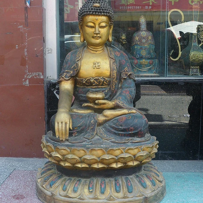 

39" Tibet Buddhism Cloisonne Sit Sakyamuni Hold Jar Pot Tathagata Buddha Statue
