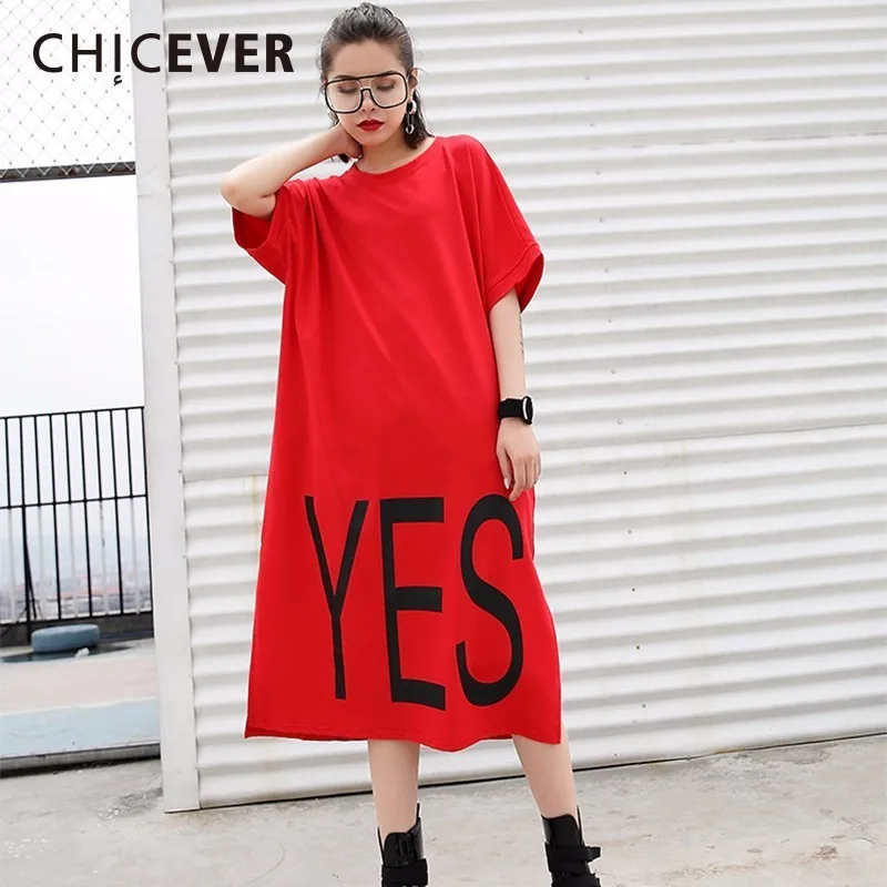 

CHICEVER 2019 Summer Dress For Women Half Sleeve Hem Split Letter Loose Big Size Women's Dresses Clothes Fashion Casual New