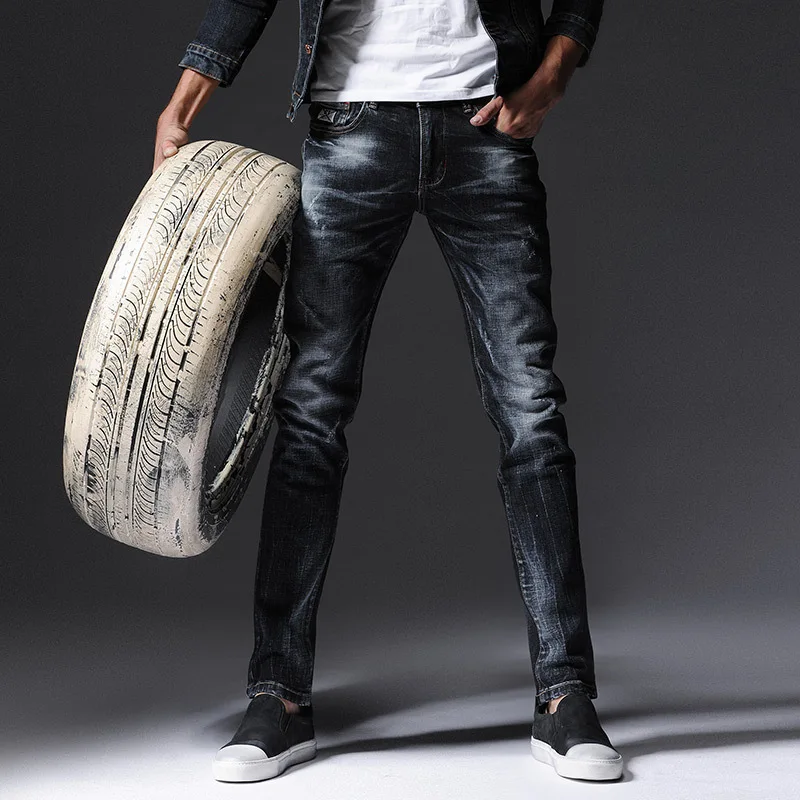 

2017 Spring New Design Stretch Jeans Men Cotton Denim Pencil Jean Pants Slim Fit Elastic Fabric Famous Brand Distressed Blue