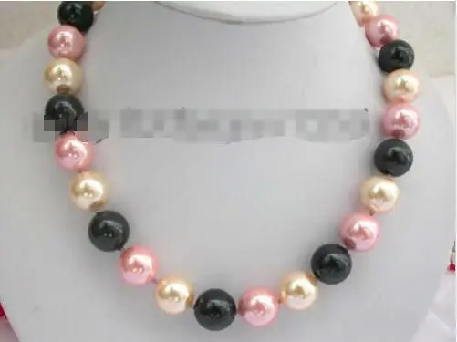 

Free shipping hot sale Women Bridal Wedding Jewelry >>14mm pink black yellow Sea Shell Pearl Necklace