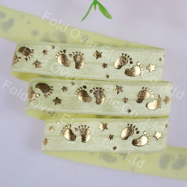 

New design!! 5/8" foe elastic little feet gold foil printed fold over elastic 617 Baby Maize 100yards/lot wholesale