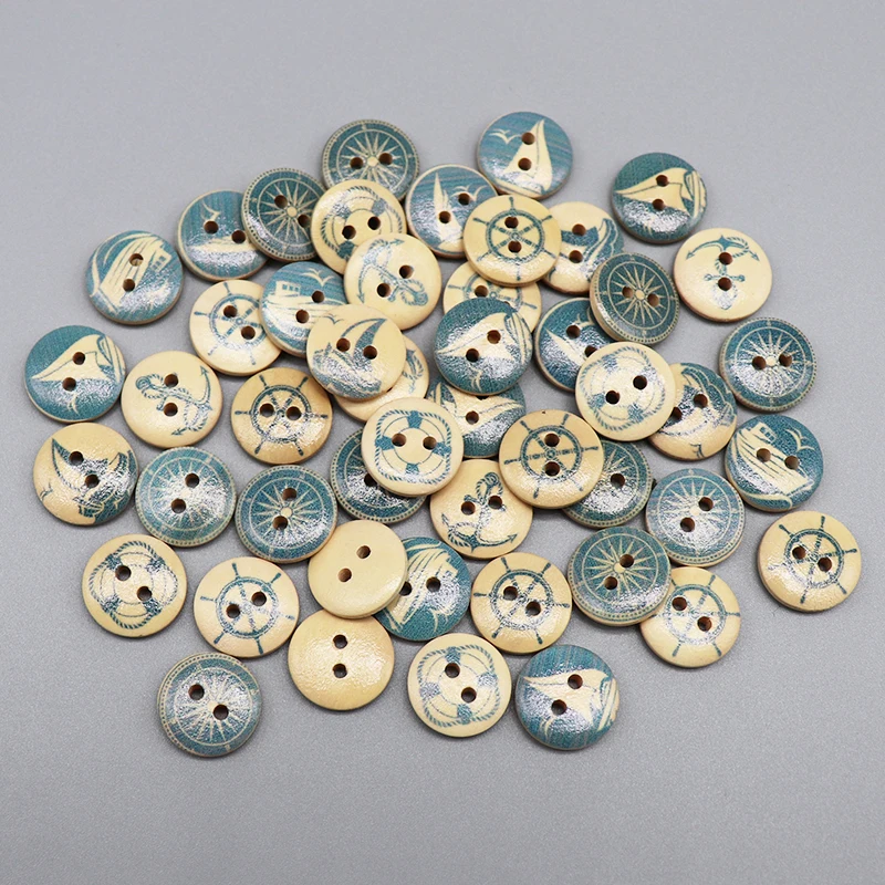 

ywzatgits 50pcs/lot Diameter 15mm Round Wooden Buttons Blue Nautical Design Scrapbooking Sewing Accessories 2 Holes 004010063