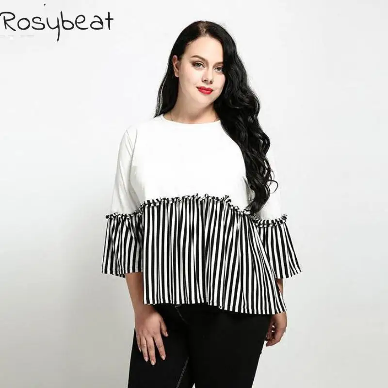 

Rosybeat Summer Tops For Women Plus Size Women Clothing 4xl 5xl 6xl Female T Shirt Flare Sleeve Slim Waist Patchwork Tunics Lady