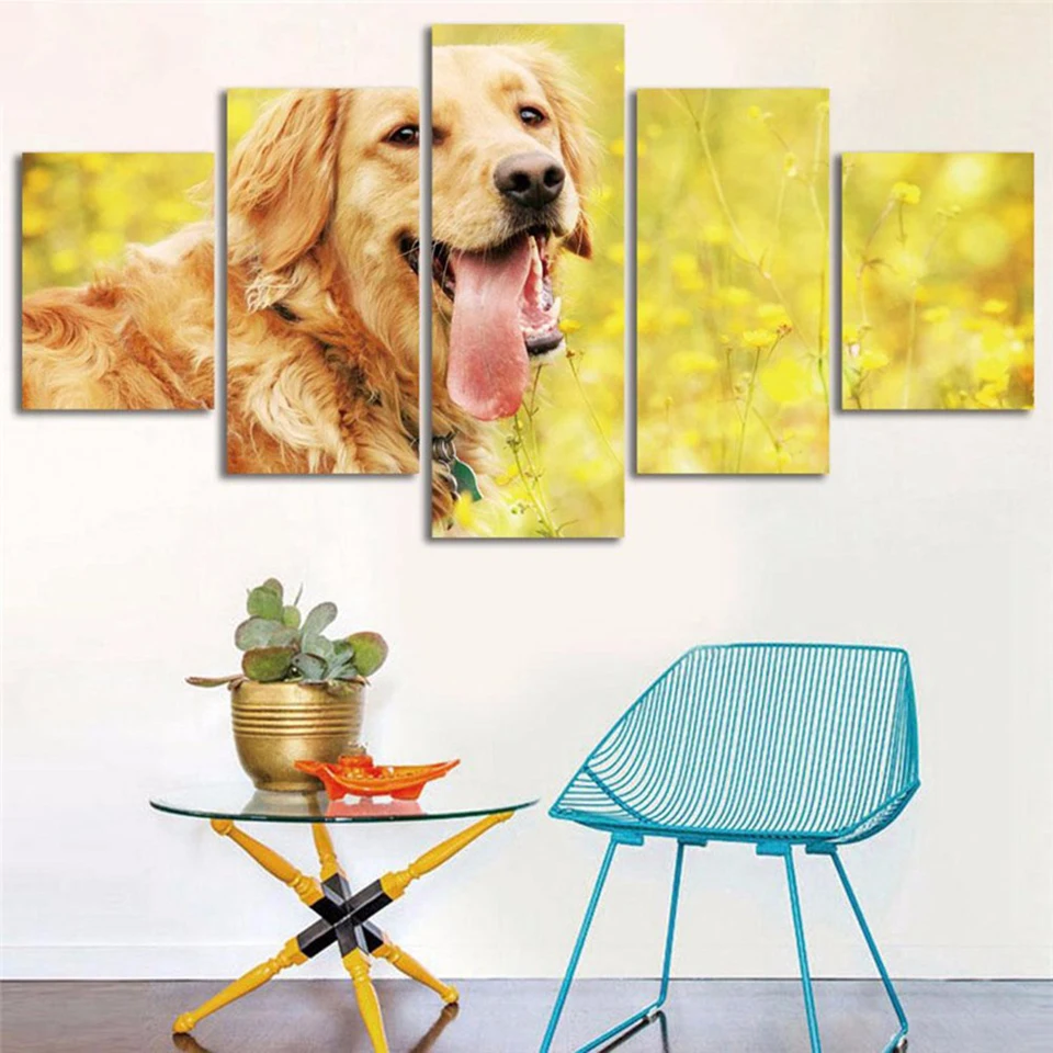 Modular-Vintage-Wall-Art-Pictures-Home-Decor-Paintings-On-Canvas-5-Pieces-Grassland-Animal-Golden-Retriever (2)