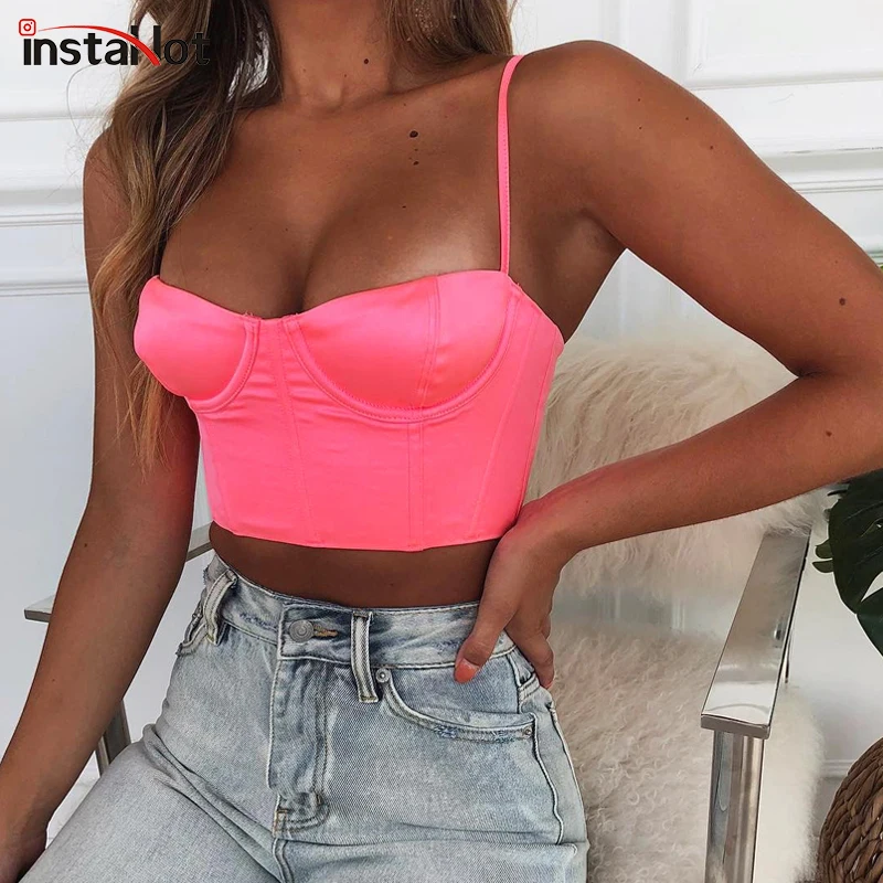 

InstaHot Satin Solid Basic Spaghetti Strap Tops Women Shinny Sleeveless Low Cut Bustier Crop Tops Lady Sexy Clubwear 3 Color Bra
