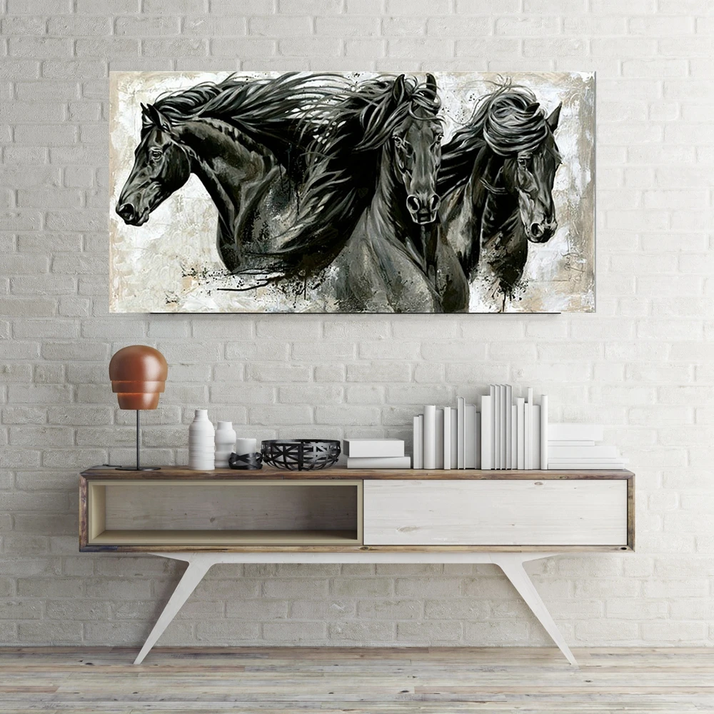 Modern Animal Wall Art Canvas Print Three Black Horse Poster Painting for Living Room Bedroom Wall Decor Vintage Home Decorative