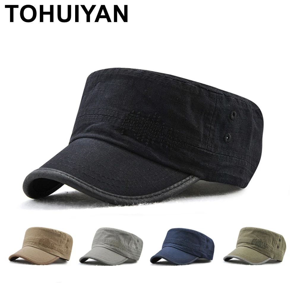 

TOHUIYAN Men Military Hat Solid Color Cadet Army Cap Women Casual Cotton Flat Top Cap Brand Adjustable Golf Caps Bone Visor Hats
