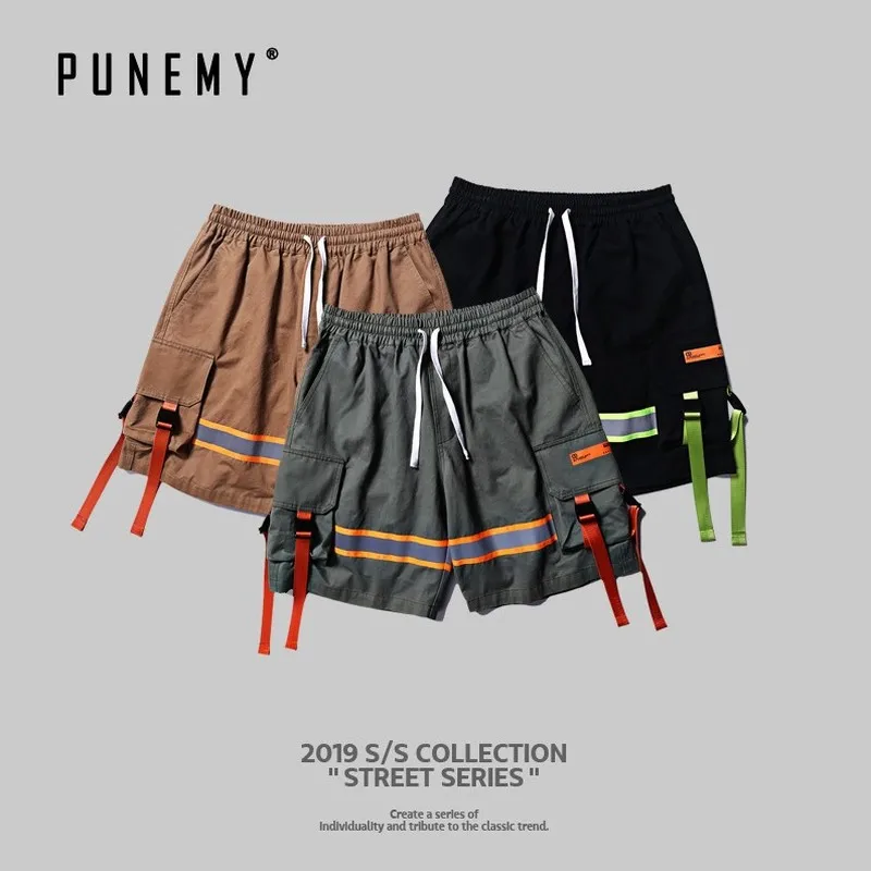 

Reflective Striped Men Shorts Oversize Ribbon Casual Hip Hop Streetwear Joggers Summer New Drawstring Male Shorts Trousers