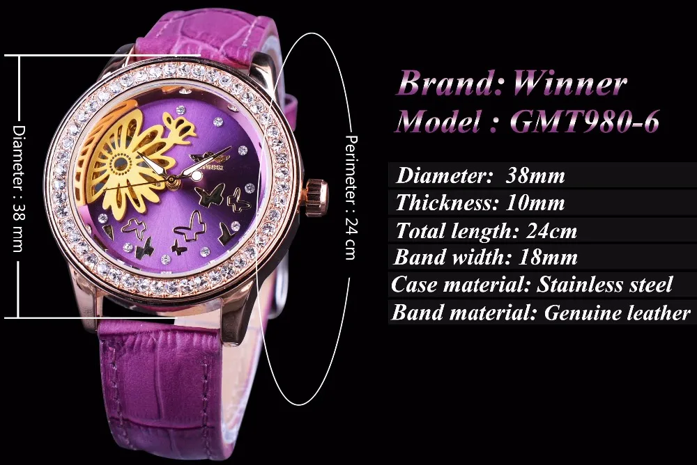 Beste Winnaar Mode Jurk Paars Band Bloem Dial Display Lady Horloge Top Merk Luxe Vrouwelijke Slijtage Mechanische Vrouwen Horloge Klok