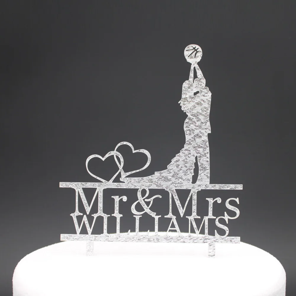 

Acrylic rustic wedding cake toppers Basketball bride groom personalized last name color engagement bridal shower party tools