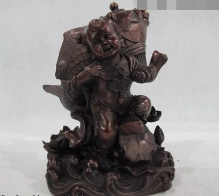 

bi003189 Chinese Red Bronze Copper Feng Shui Wealth Lotus boy Child Goldfish Fish Statue