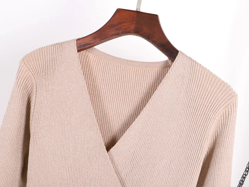 GIGOGOU, сексуальное женское платье-свитер с v-образным вырезом, с люрексом, блестящее, облегающее, вязанное платье, Осень-зима, длинное, для женщин, трикотаж