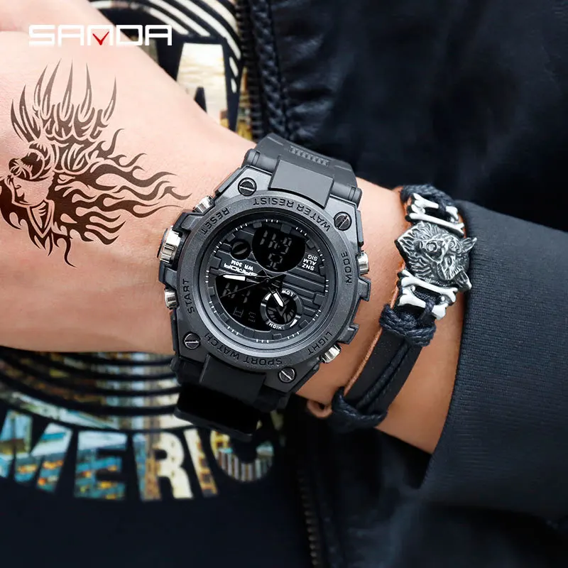 SANDA Men's Watches Black Sports Watch LED Digital 3ATM Waterproof Military Watches S Shock Male Clock relogios masculino 3