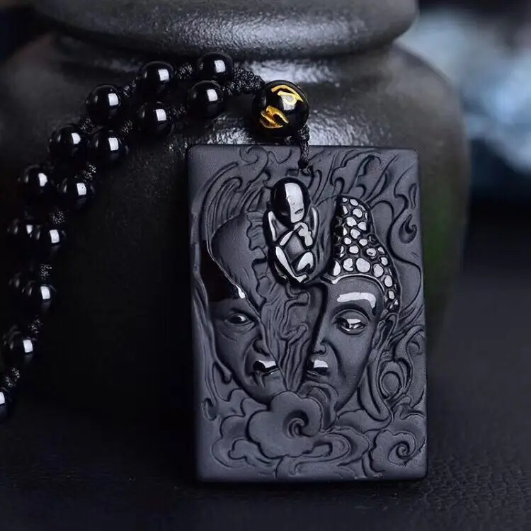 

Natural black obsidian hand-carved Buddha and magic pattern +Beads Necklace