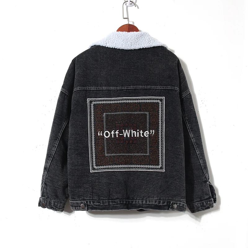 Wool Liner Denim Jacket Women Letter Embroidery Turn down Collar Jean