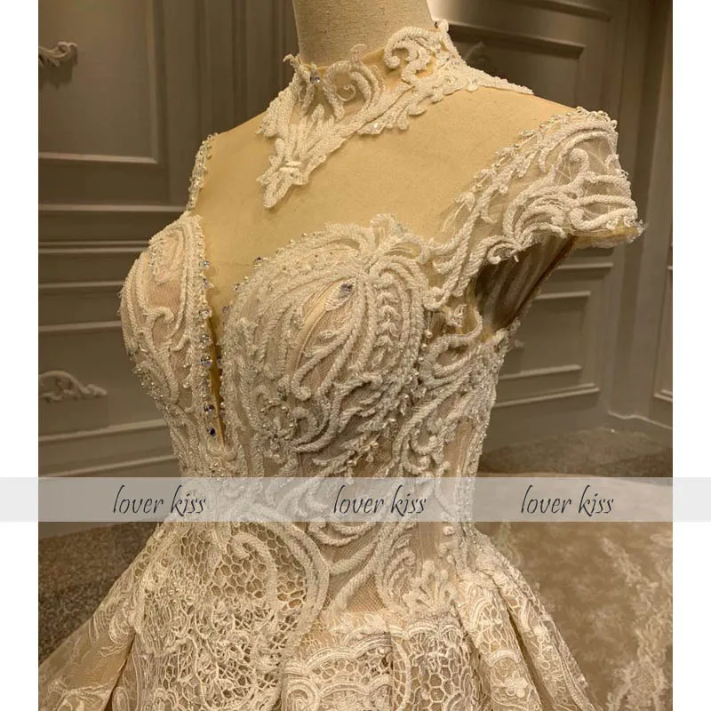 Lover Kiss Vestido De Noiva Роскошные кружевное платье с высокой горловиной свадебное платье цвета шампань Кепки рукава бисерные аппликации свадебные