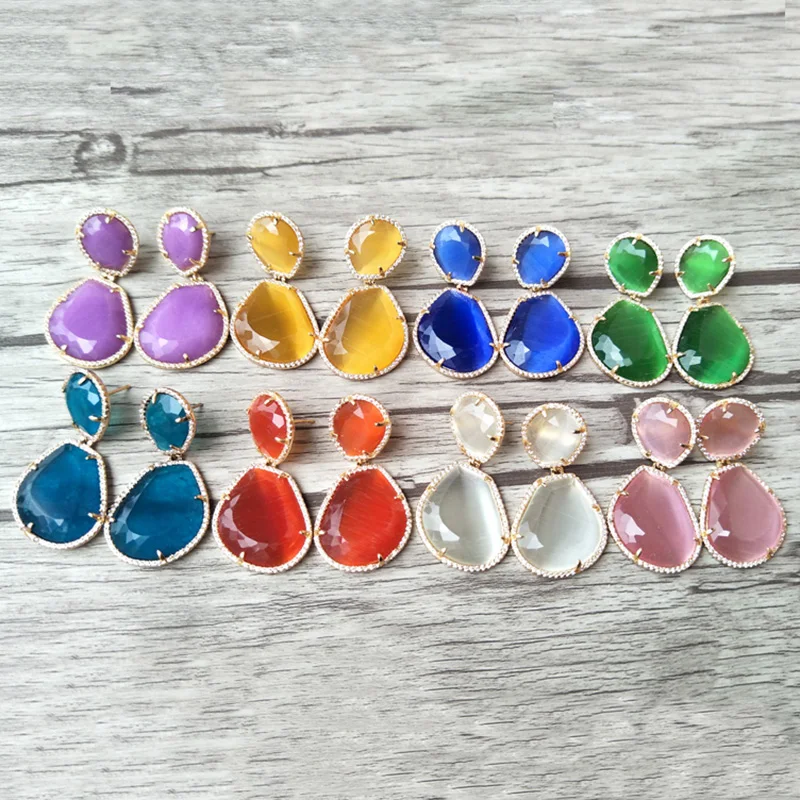 

5Pairs Cat Eyes' Gem stone Jewelry Drop Opal Stone Earrings, Micro Pave CZ Faceted Stone Dangle Earrings For Women Jewelry ER208