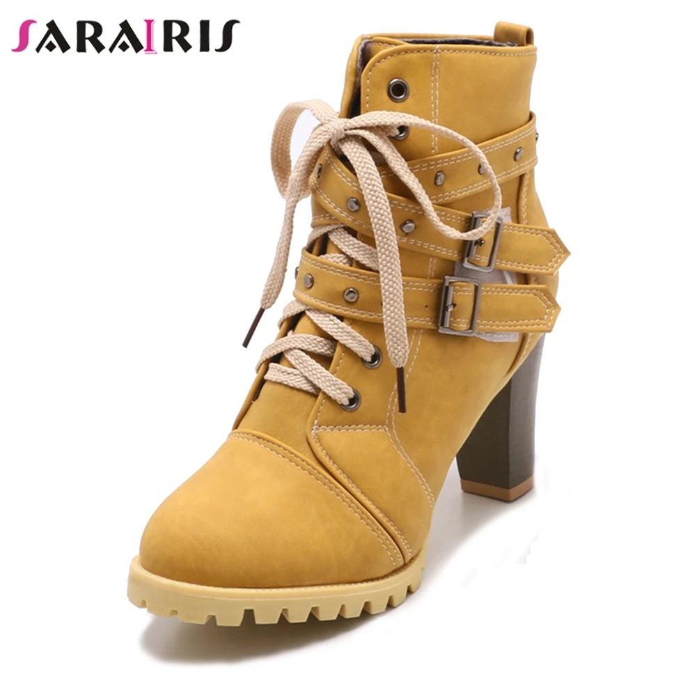 

SARAIRIS New Fashion Solid Belt Buckle Lace Up Rivet Platform Shoes For Women Casual Winter Ankle Boots Black Big Size 34-42