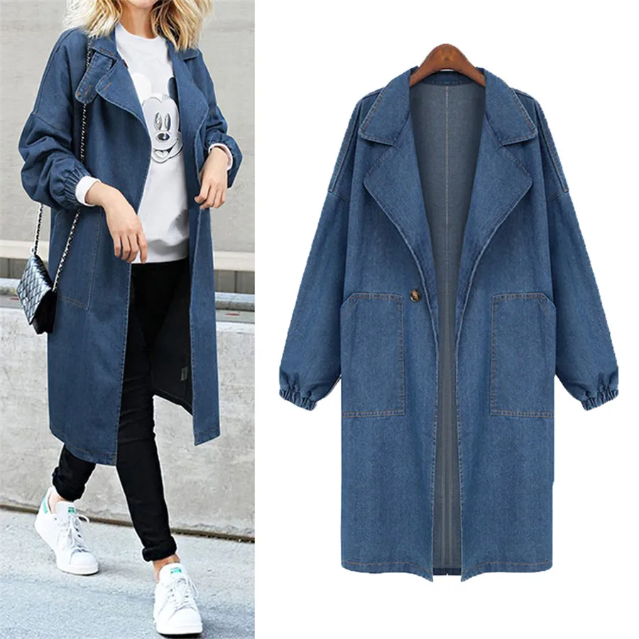 

Hodisytian Autumn Fashion Women Denim Trench Coat Street Casual Elegant Long Windbreaker Outerwear Overcoat Casaco Plus Size