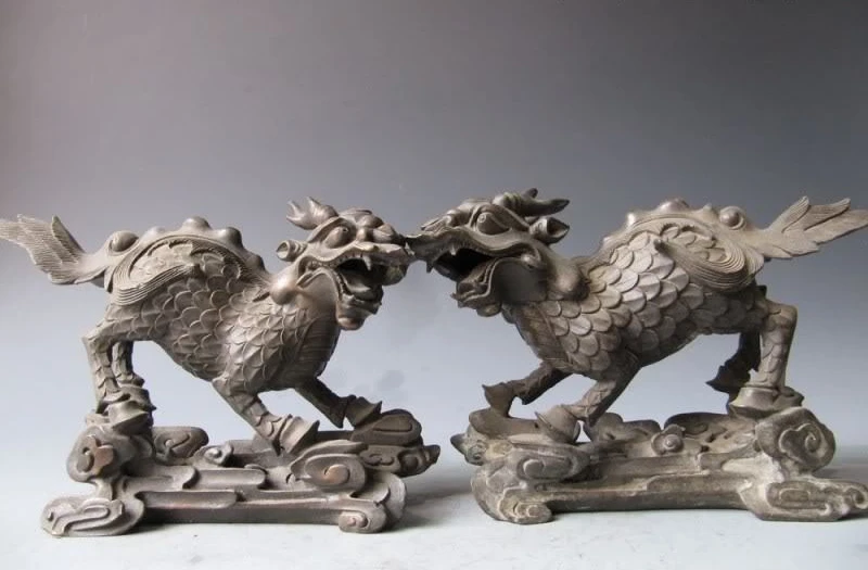 

China Royal 100% Pure bronze Copper Evil Fu Foo Dog kylin Kirin beast Lion pair