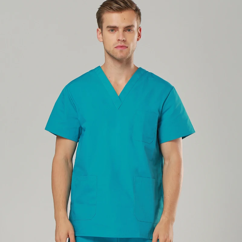 Модная летняя из хлопковой рубашки и брюк с твердой форма лабораторный халат, новинка, модная, с короткими рукавами Для мужчин костюмы хирургические халаты одежда медсестры - Цвет: Lake Blue