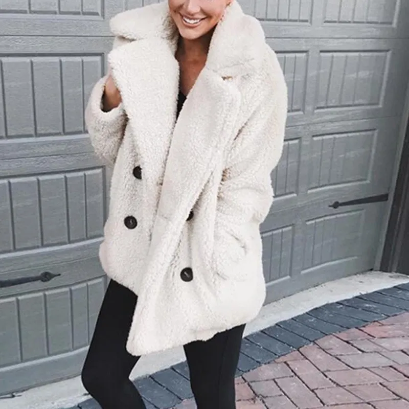 2018 Winter Women Pockets Thick Teddy Coat Casual Oversize Fleece Faux Fur Plush Jacket Overcoat