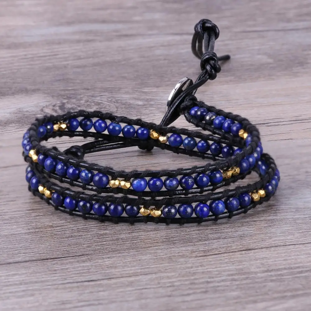 

KELITCH 2 Strand Leather Wrap Bracelets Handwoven Lapis Lazuli Stone & Gold Gun Beaded Strand Bracelets Trendy Jewelry