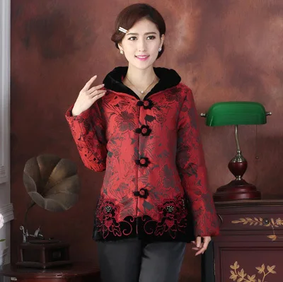 Бордовый новинка Китайская традиционная Для женщин зима вышивать цветок стеганая куртка пальто L XL XXL 3XL 4XL TF 021 - Цвет: burgundy
