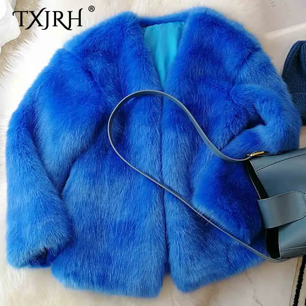 Buy TXJRH Stylish Winter Blue V Neck Shaggy Hairy Faux Fox Fur Coat Vintage