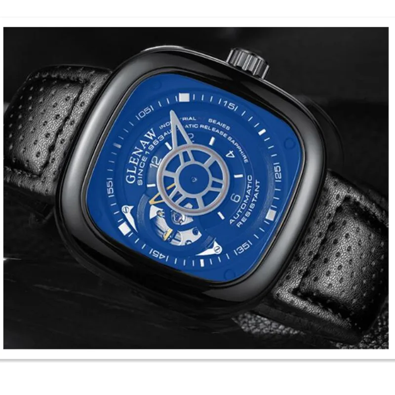 GLENAW 2019 أعلى العلامة التجارية الفاخرة ساعة رجالي 30 m للماء تاريخ ساعة مربع رجل الميكانيكية ووتش العسكرية ساعة اليد Relogio
