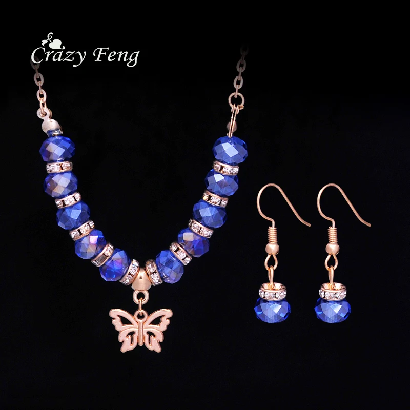 

Rose Gold Color Cute Butterfly Pattern Dangle Necklace for Women Crystal Rhinestone Jewelry Set Femme Bijoux for Wedding Party