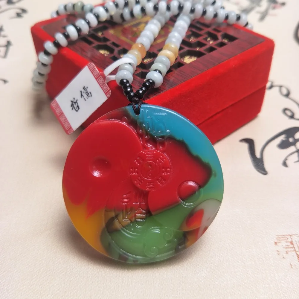 

Zheru Jewelry Pure Natural Colorful Jade Carving Good Luck Gossip Pendant Tricolor Jade Bead Necklace Send National Certificate