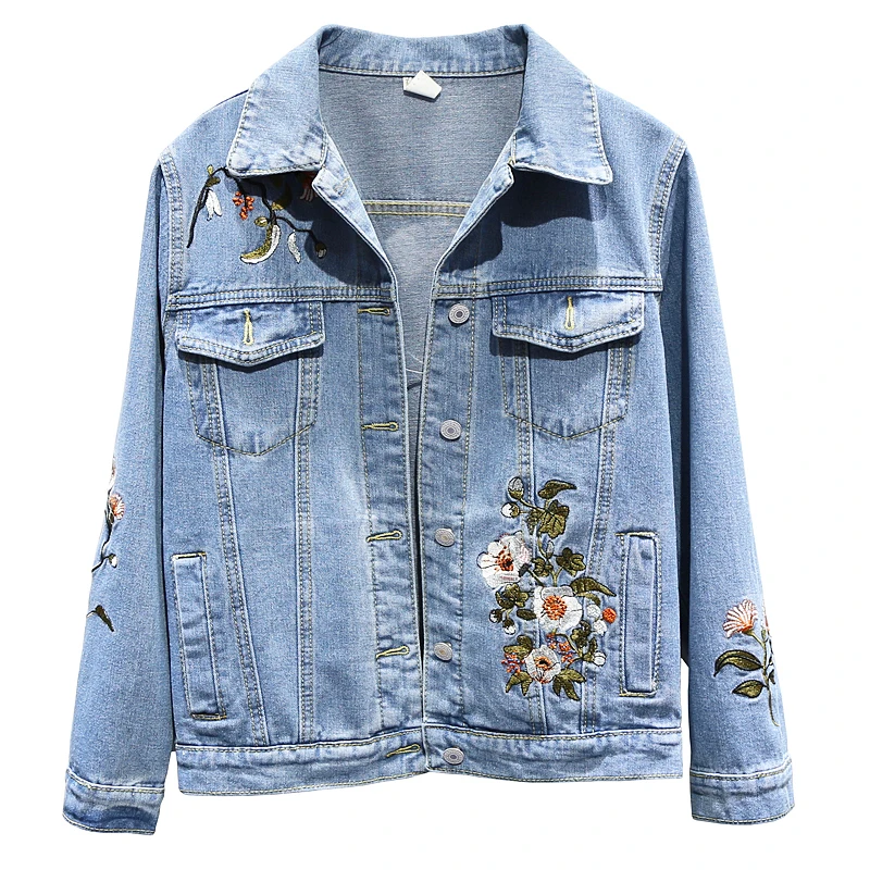 

Womens Denim Coat Spring Autumn Embroidery Flower Bomber Jacket New Fashion Leisure Large size 3XL Baseball Outwear Female N713