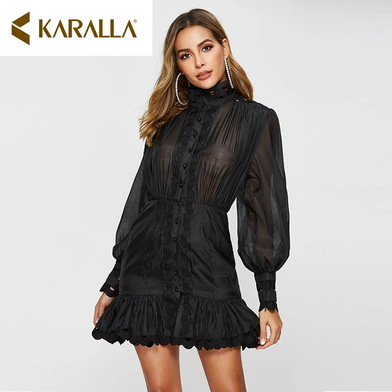 

Women Dress Sexy Mesh Splicing Perspective Long sleeved Dress Slim Package Hip Lace Up Strap Eyelet Club Dinner Dresses