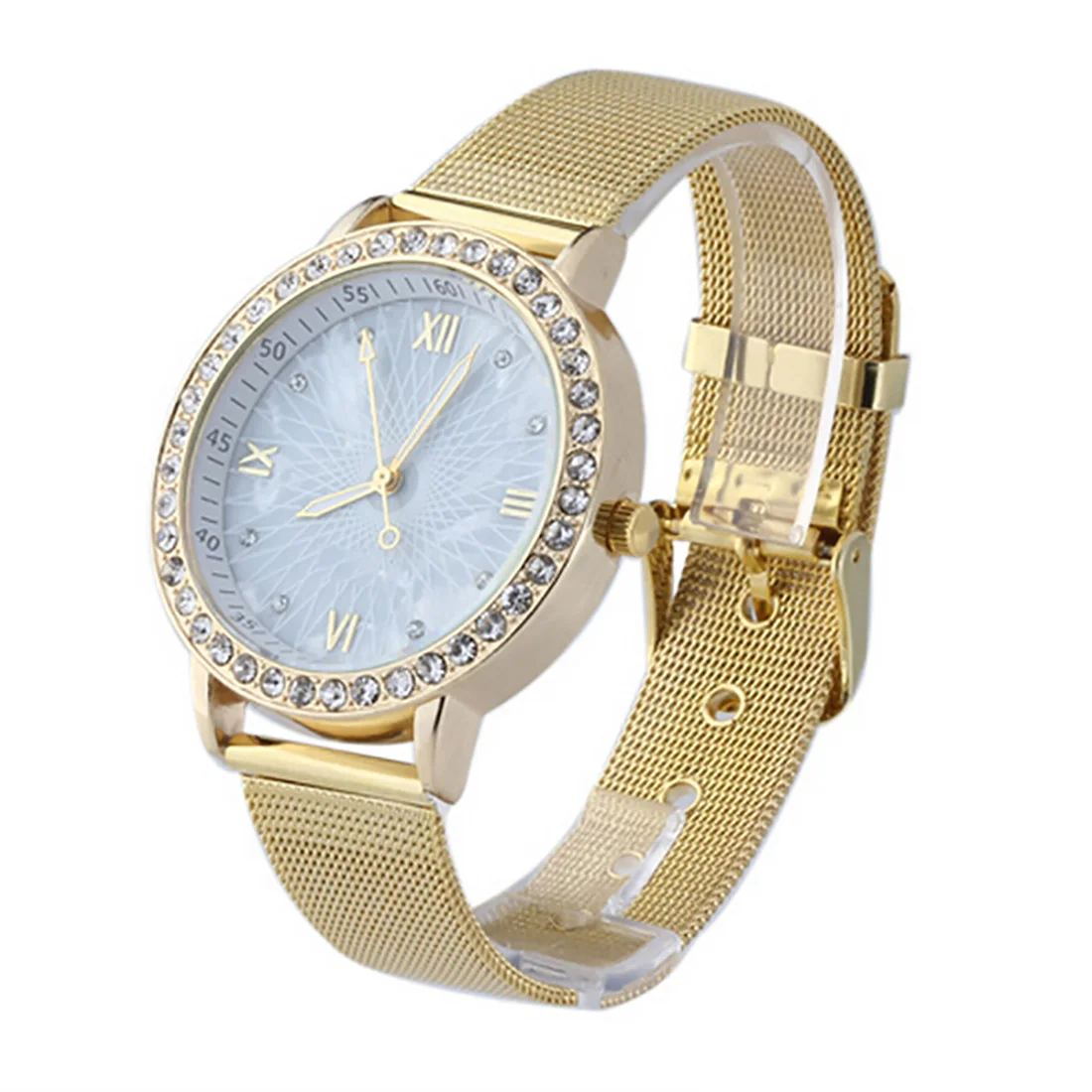 

Luxury Watch Lady Watches Women Elegant Quartz Watch Crystal Rhinestone Golden Color Wristwatch Metal Mesh Band Wrist Watch