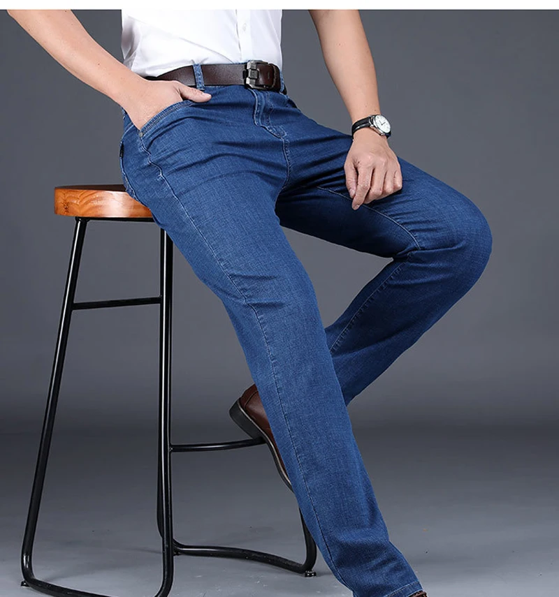 Весенне-летние модные классические мужские джинсы, эластичная одежда большого размера, повседневные смарт-джинсы, джинсовые штаны, простые деловые мужские джинсы