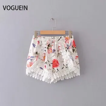 

VOGUEIN New Womens Casual Floral Lace Mixed Elastic Waist Short Pants Shorts Wholesale