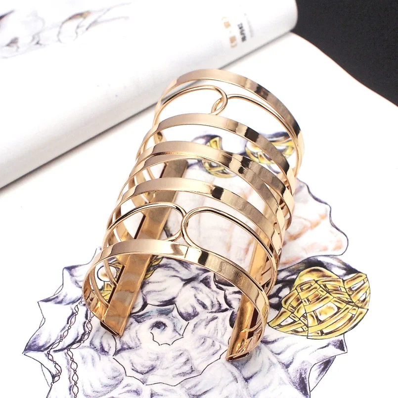 Панк Новый дизайн широкие манжеты браслеты для женщин золотого, серебряного цвета сплав большой браслет женский ювелирные изделия оптом