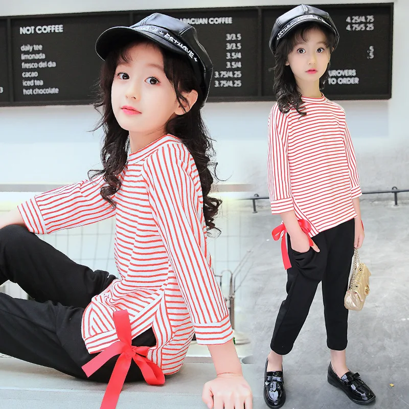 

Girls summer 2019 new children's suits summer fashion striped girls' fashion suits clothing long-sleeved T-shirt + trousers