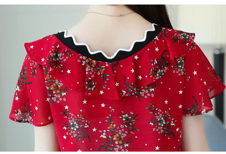 New 2018 Summer Casual Floral Chiffon Women Blouse Shirt Female Short Sleeve Slim Retro V Collar Tops Clothes Blusas 0573 40