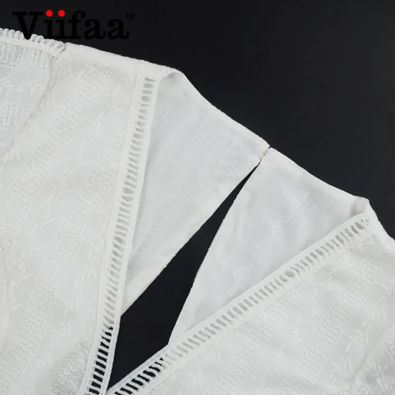 Viifaa, летняя белая рубашка, льняные блузки для женщин, с расклешенными рукавами, с вышивкой, Короткие топы, сексуальные, v-образный вырез, открытая спина, короткий топ, блузка