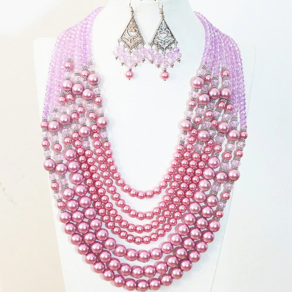 Fashion women necklace earrings 7 rows dark pink round shell simulated-pearl crystal high grade elegant jewelry set B1298