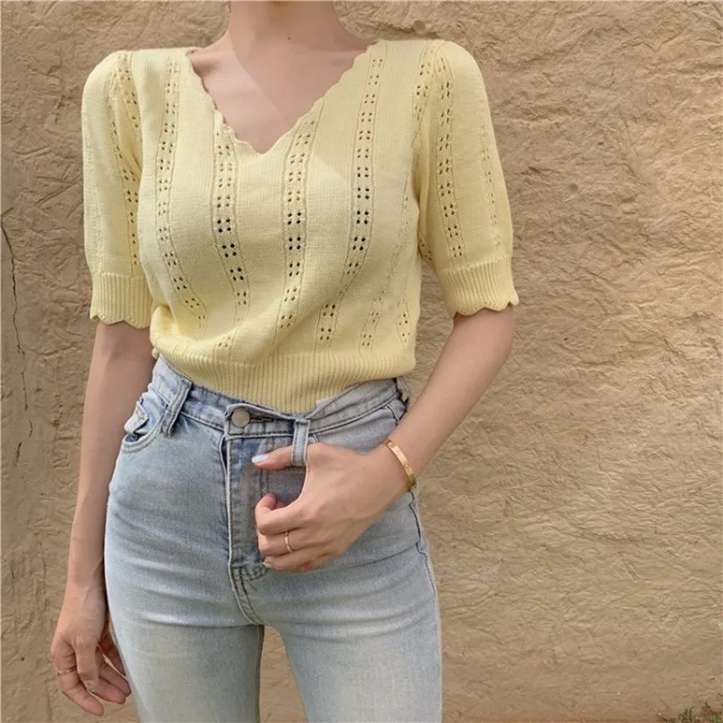 

Summer Korean style Women's Clothing fashion Solid loose V-neck hollow out short sleeve pullover thin knitted sweaters roupas