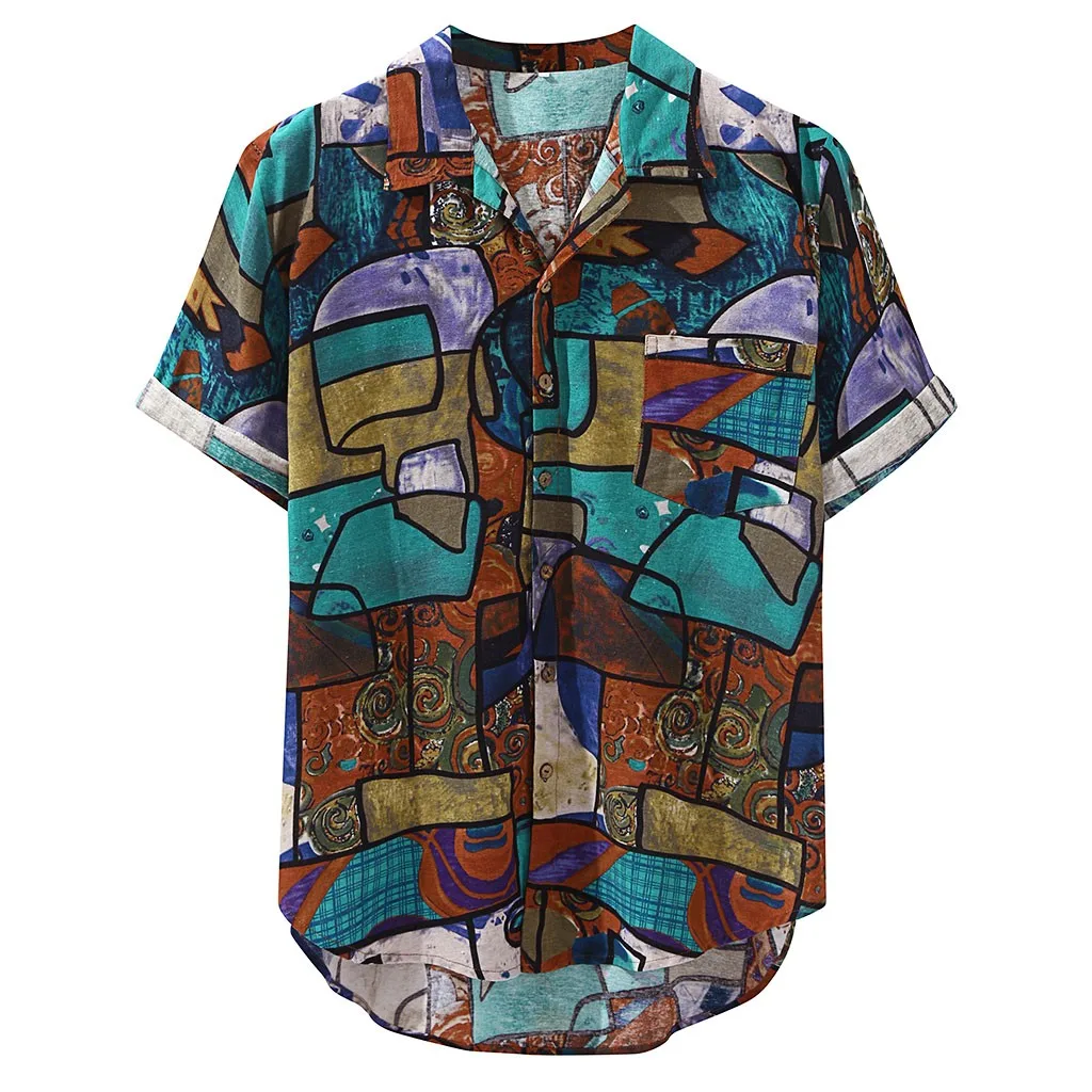 

Mens Clothing Trend Plus Size Men Hawaiian Mens Hawaiian Pocket Short Sleeve Round Hem Loose Shirts Print Linen Blouse M-4XL