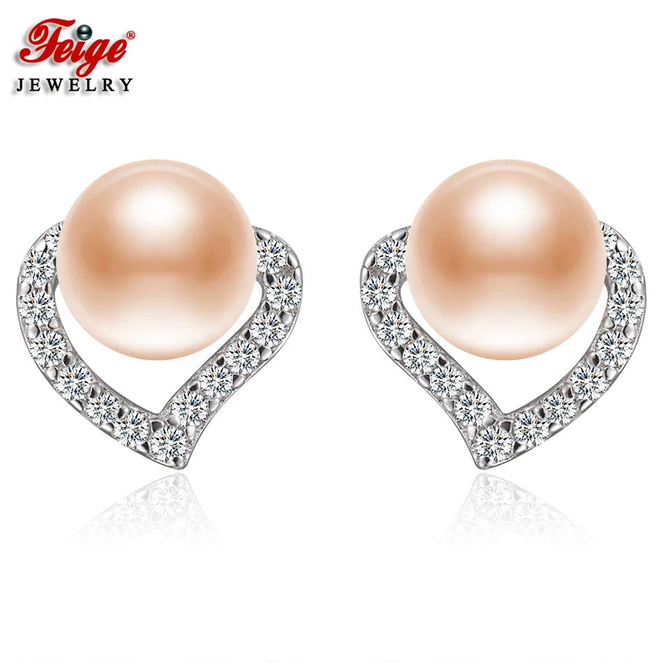 

FEIGE Fashion Heart Earrings Real 925 Silver Stud Earrings 6-7mm Pink Natural Freshwater Pearl Earring for Women Fine Jewelry